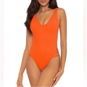 Becca women's one-piece ribbed swimsuit in orange V-neckline side cutout M
